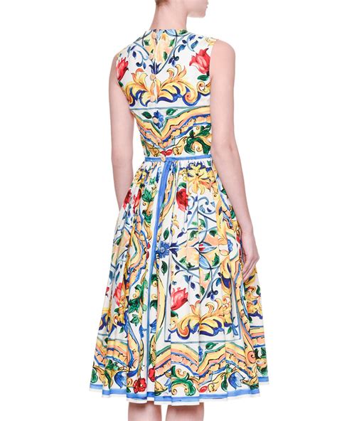 Dolce And Gabbana Sleeveless Maiolica Tile Print Cotton Dress Whiteblue