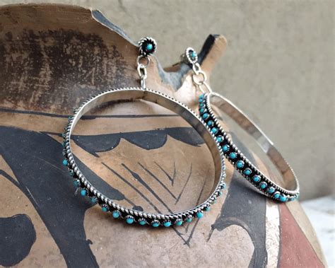 Large Silver Turquoise Hoop Earrings For Women Zuni Snake Eye Native