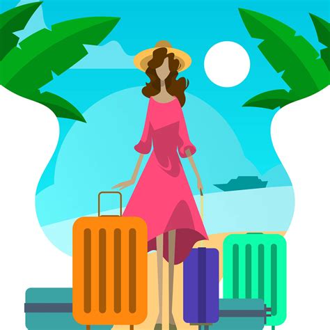 Flat Woman With Suitcase On Vacation In The Beach Vector Illustration 243011 Vector Art At Vecteezy