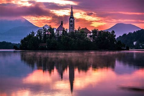 Lake Bled Slovenia Mountains Houses Colors Sunset Island Church