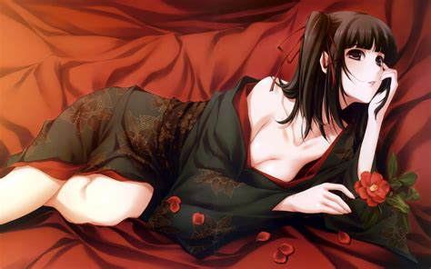 Wallpaper Anime Girls Black Hair Cleavage Traditional Clothing