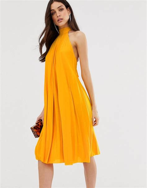 Asos Backless Halter Pleated Midi Dress In Yellow Lyst