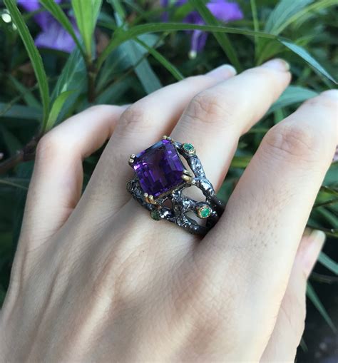 Nature Inspired Rustic Amethyst Statement Ring Black Multiple Branch