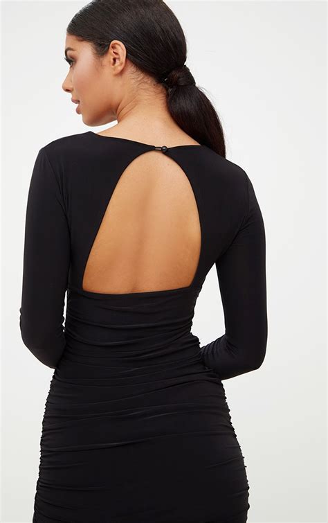 Black Long Sleeve Ruched Open Back Bodycon Dress Dresses