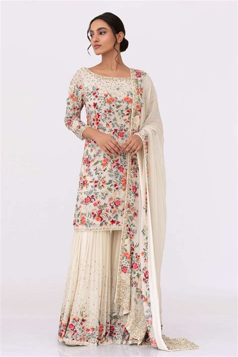 Buy Nakul Sen White Chiffon Embroidered Kurta Sharara Set Online Aza Fashions