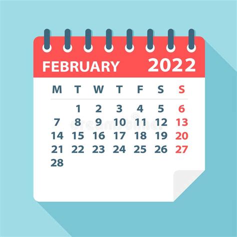 Febrero 2022 Calendario Hoja Vector Ilustración Ilustración Del Vector