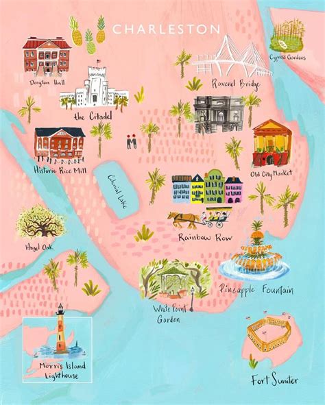 Charleston Map Print Featuring Rainbow Row Old City Market Etsy In