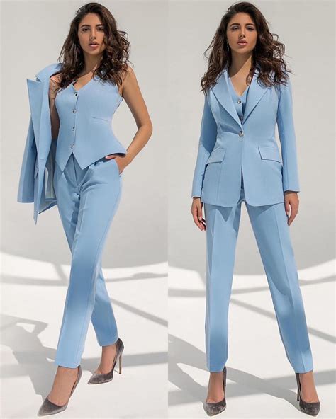 Light Blue Pant Suits Office Female Suit Women S Stylish Tuxedos Lady