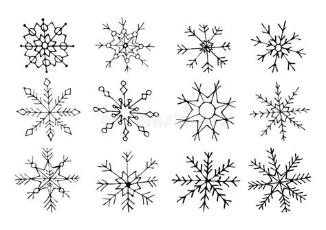 A Hand Drawn Set Of Snowflakes Of Different Shapes Stock Vector