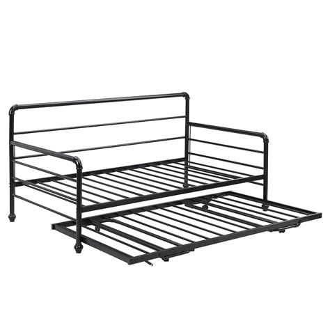 Twin Size Steel Sofa Bed Frame With Trundle Bed Black