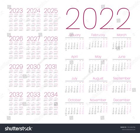 Simple Calendar 2022 2033 On White Stock Vector Royalty Free 1761436706