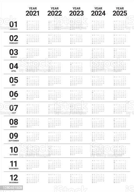 Year 2021 2022 2023 2024 2025 Calendar Vector Design Template Stock