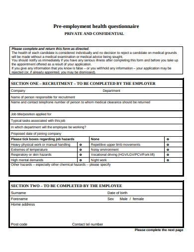 10 Pre Employment Health Questionnaire Templates In Pdf Ms Word