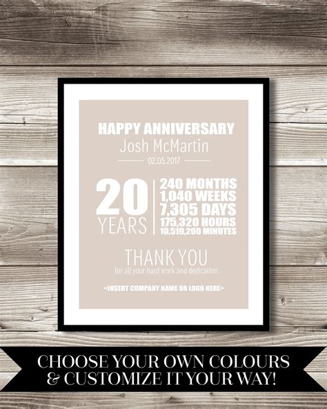 Oh, by the way, the best time to think about changing the job is happy anniversary! 20 Year Work Anniversary Print, gift, digital print ...