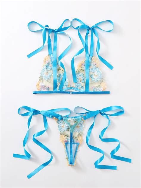 Exotic Lingerie Women Fashion Embroidery Lace Blue Bow Flower Erotic Bikini Thong Set Underwear