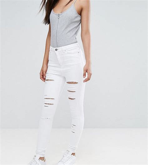 Asos Tall Ridley High Waist Skinny Jeans In Optic White With Shredded