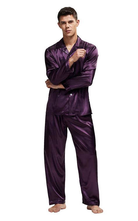 Mens Silk Satin Pajama Set Long Sleeve Dark Purple With Black Piping