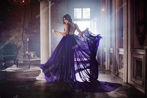 beauty brunette model woman in evening purple dress beautiful fashion luxury makeup and