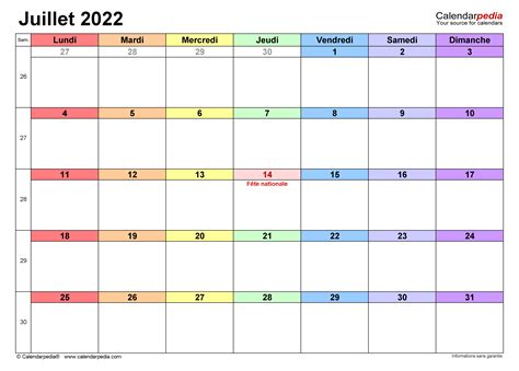 Calendrier Juillet 2022 Excel Word Et Pdf Calendarpedia