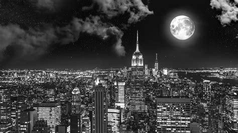 خلفيات أماكن حول العالم Night City Bw Full Moon 4k Hd Site Awy