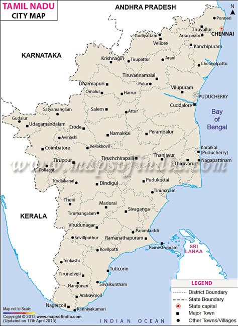 The indian state of tamil nadu has 38 districts after several splits of the original 13 districts at the formation of the state on 1 november 1956. Cities in Tamil Nadu, Tamil Nadu Cities Map