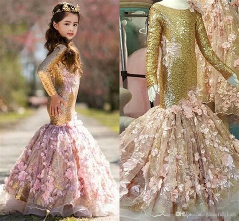 2018 Gold Mermaid Girls Pageant Dresses Scoop Neck Long Sleeves Flowers