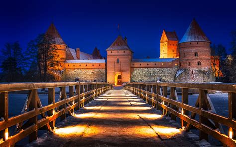 Wallpaper Lithuania Trakai Castle Bridge Winter Snow Lights Night