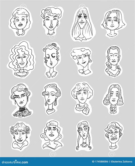 Set Of Linear Simple Caricature Portraits Of Women Isolated On White