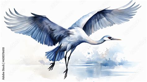 Watercolor Flying Crane Bird Inspired By Japan Crane Stock Foto