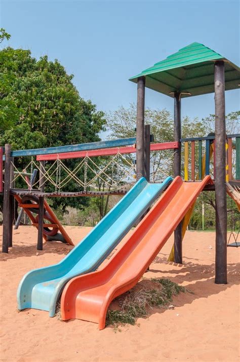 Playground For Kids With Many Slides Swings Toys For Play Stock