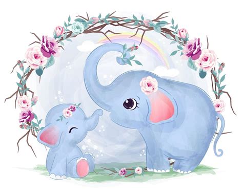 Lindo Mamá Y Bebé Elefante En Acuarela Ilustración 2723767