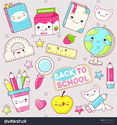 Back To School Vector Set Of Education Icons In Kawaii Style Cat With