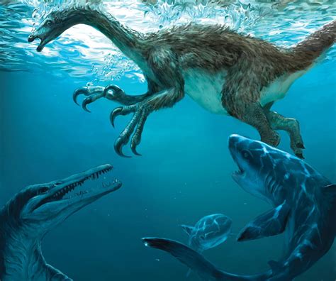 An Artists Rendering Of Dinosaurs Swimming In The Water With Their