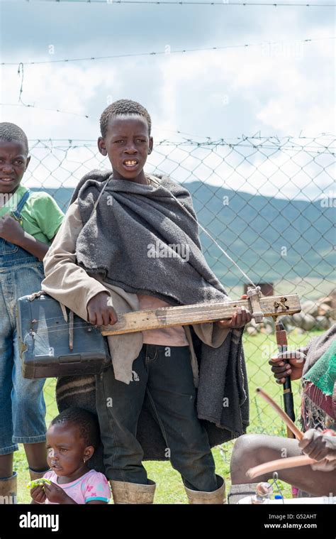 Lesotho Mokhotlong Sani Pass African Children Playing Music Stock