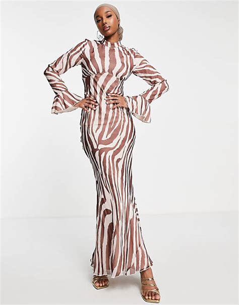 Asos Design High Neck Bias Maxi Dress In Zebra Print Asos