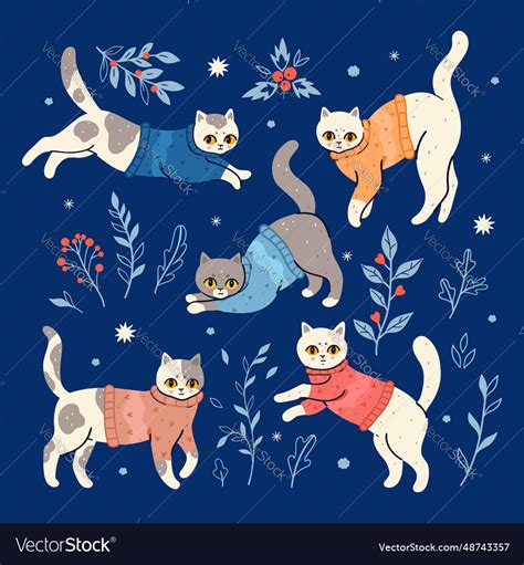 Set Of Five Winter Cats In Sweaters Royalty Free Vector