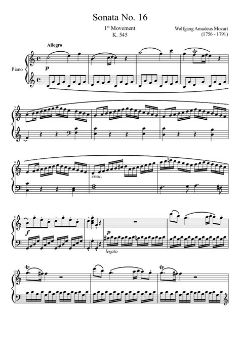 Sonata No 16 1st Movement K 545 Sheet Music For Piano Solo