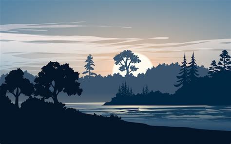 Premium Vector Silhouette Landscape Of Forest With River