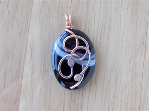 Sardonyx Black Agate Oval Bead Wire Wrapped Torched Copper Pendant