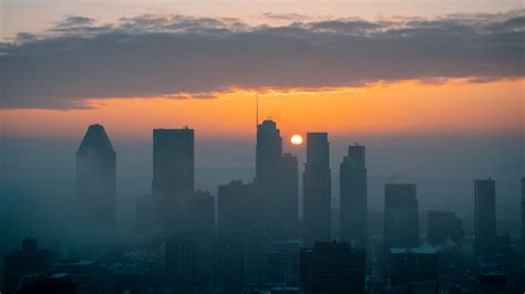 Download Wallpaper 1920x1080 City Aerial View Sun Sunset Fog Full