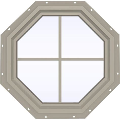 Octagon windows can be covered with cellular shades or shutters. JELD-WEN 23.5 in. x 23.5 in. V-4500 Series Desert Sand Vinyl Fixed Octagon Geometric Window with ...