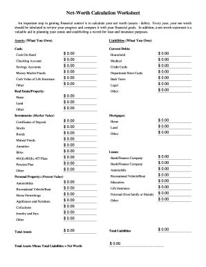 Net Worth Calculation Worksheet Fill And Sign Printable Template Online