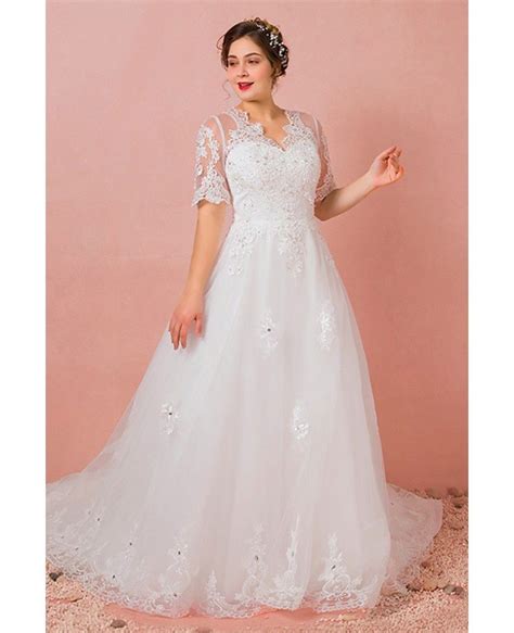 Custom Ivory Beaded Lace Vneck Wedding Dress With Half Sleeves Long