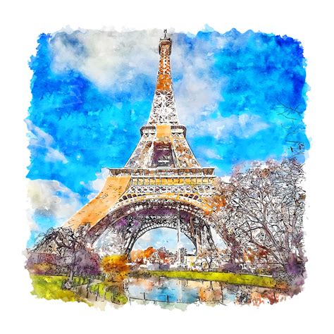 Eiffel Tower Paris France Watercolor Sketch Hand Drawn Illustration