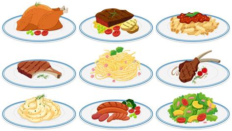 Different Types Of Food On The Plates Vector Art At Vecteezy