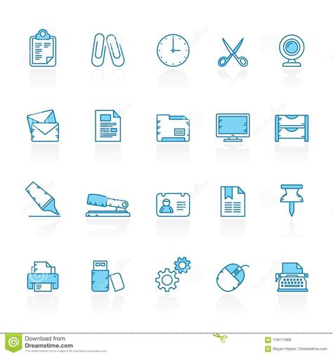 Line With Blue Background Business And Office Equipment Icons Stock