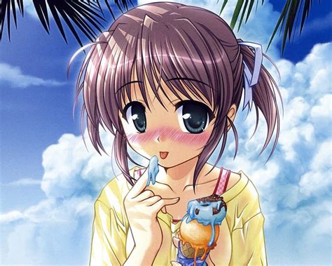 icecream cone pretty shy blush eat sweet nice anime anime girl blue eyes hd wallpaper