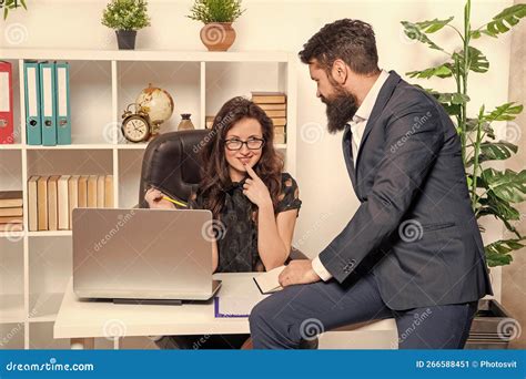 Keep Flirting At Work Happy Woman And Man Flirting In Office Office