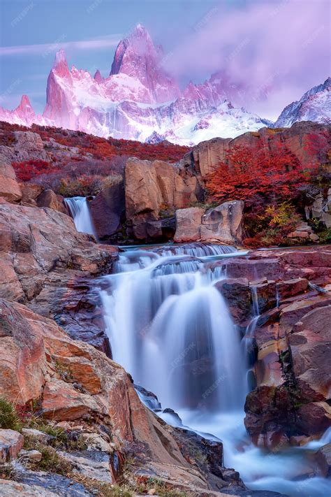 Premium Photo View Of Mount Fitz Roy And The Waterfall At Sunrise