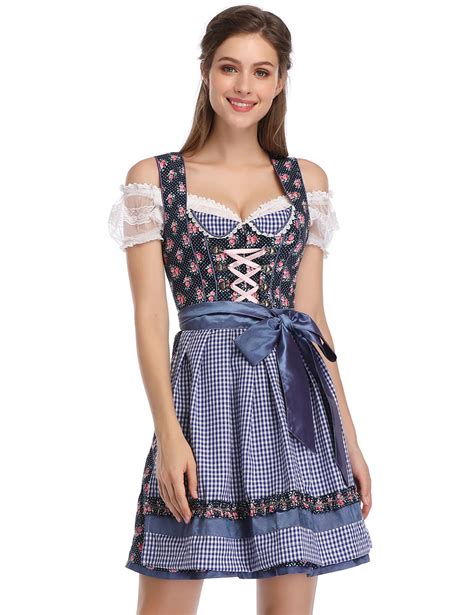 Womens Retro Floral German Dirndl Dress 3 Piece Bavarian Oktoberfest Costume With Plaid Apron
